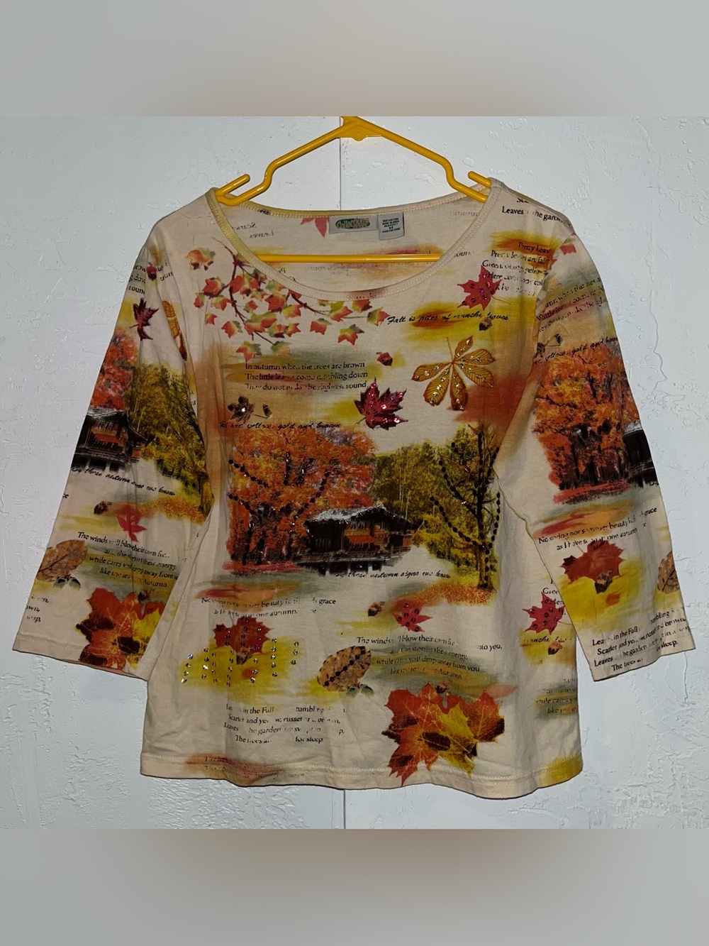 Autumn Leaf and Cabin Print Sequin Top.
